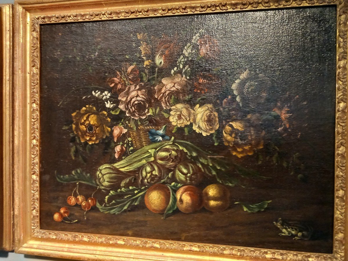 Two Oil Paintings On Canvas - " Basket Of Fruit And Flowers ", 18th Century, Lombardy-photo-2