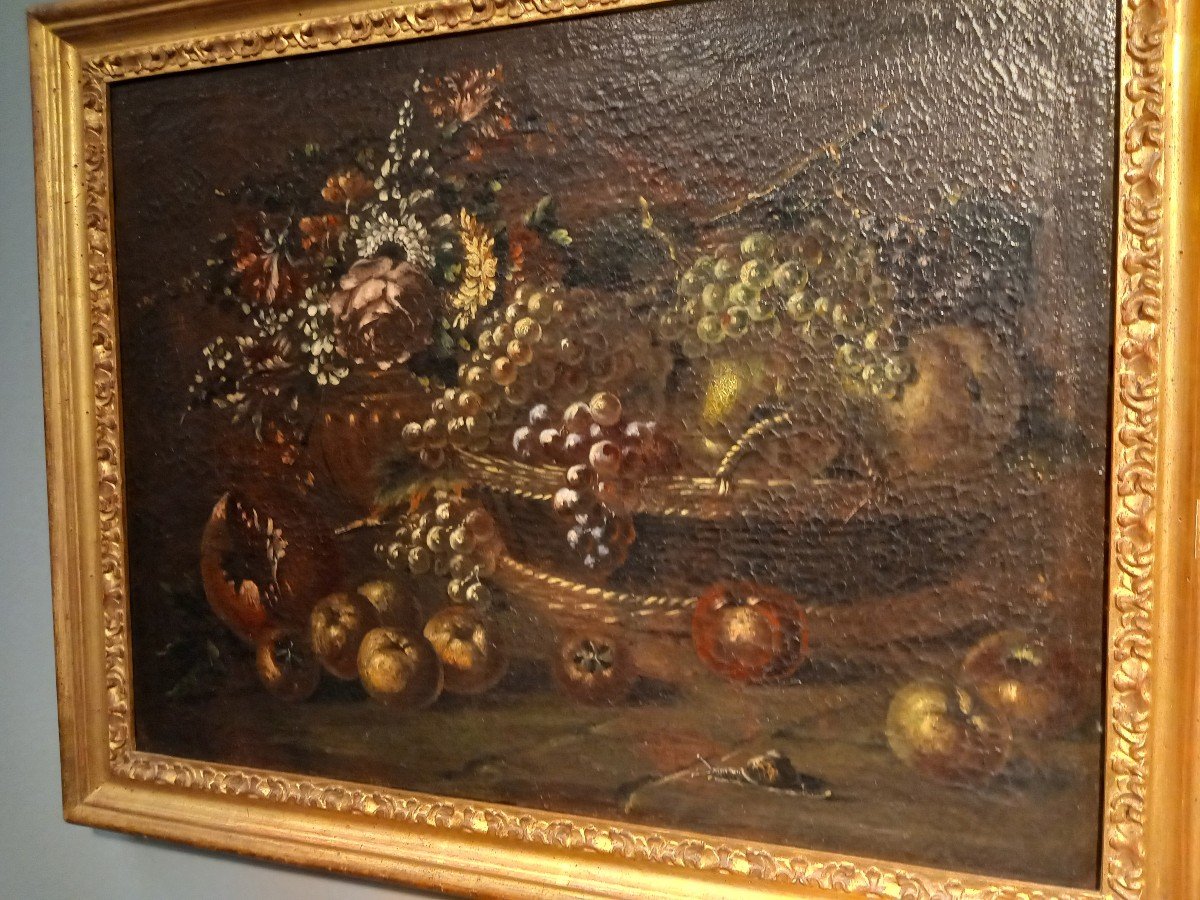 Two Oil Paintings On Canvas - " Basket Of Fruit And Flowers ", 18th Century, Lombardy-photo-3