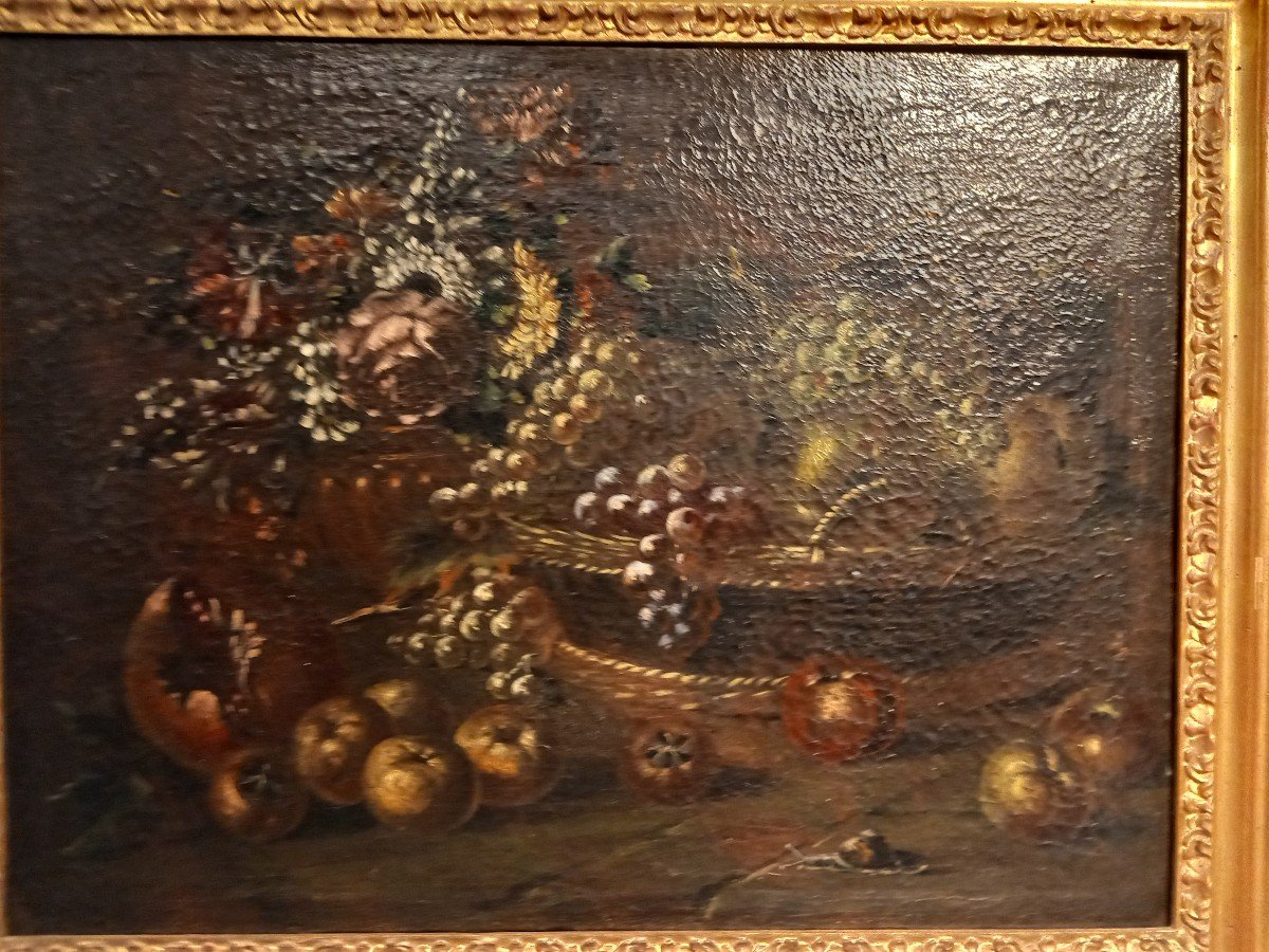 Two Oil Paintings On Canvas - " Basket Of Fruit And Flowers ", 18th Century, Lombardy-photo-4