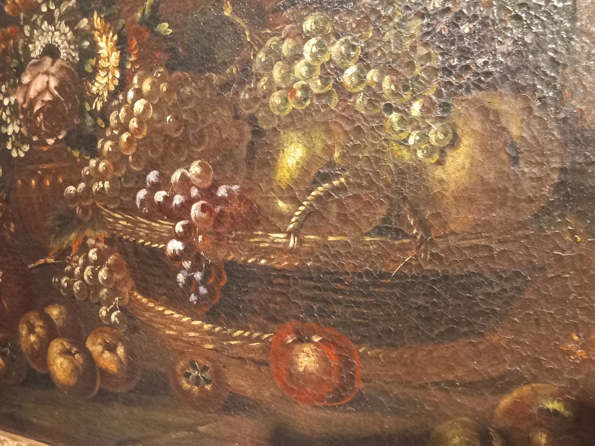 Two Oil Paintings On Canvas - " Basket Of Fruit And Flowers ", 18th Century, Lombardy-photo-2