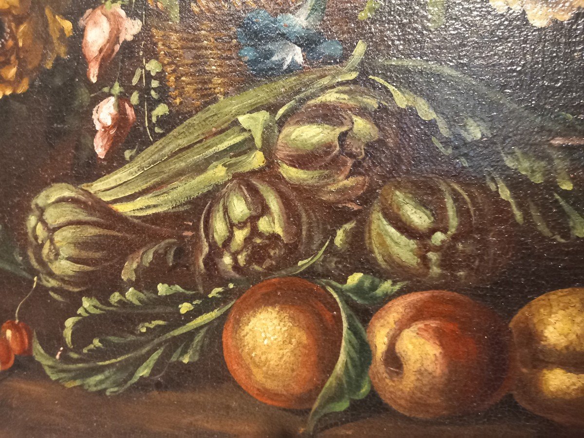 Two Oil Paintings On Canvas - " Basket Of Fruit And Flowers ", 18th Century, Lombardy-photo-3