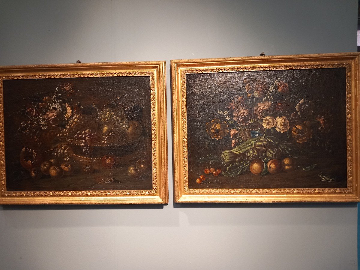 Two Oil Paintings On Canvas - " Basket Of Fruit And Flowers ", 18th Century, Lombardy-photo-7