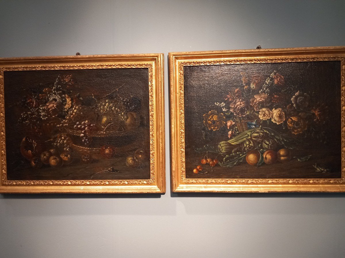 Two Oil Paintings On Canvas - " Basket Of Fruit And Flowers ", 18th Century, Lombardy