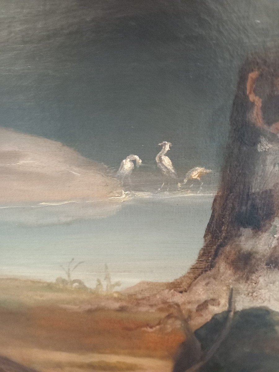 Peinture - Paysage Avec Personnages Et Ruisseau, XIXe Siècle-photo-6