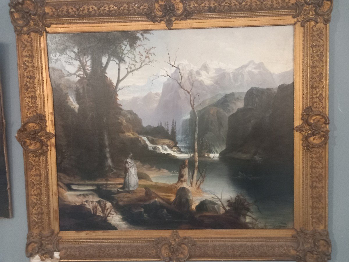 Painting - Landscape With Figures And Stream, 19th Century-photo-8