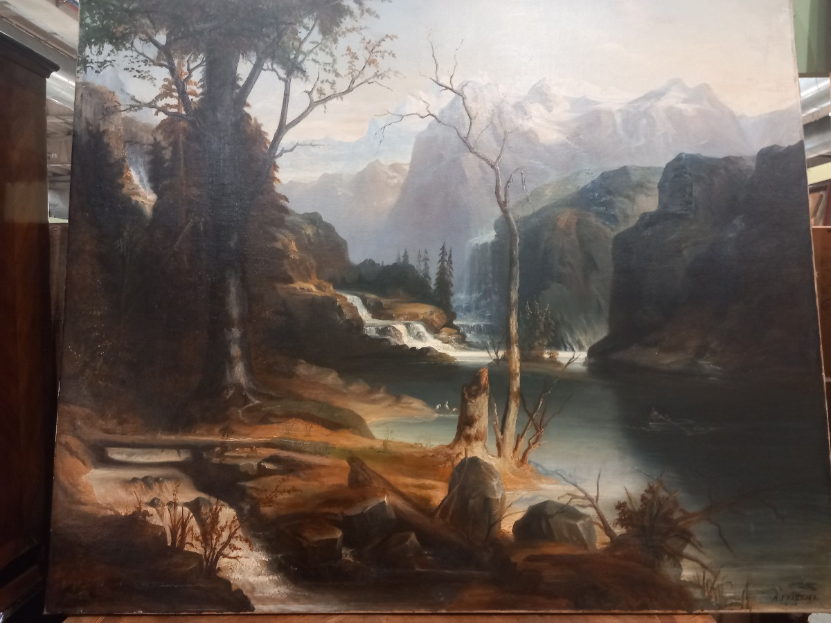 Peinture - Paysage Avec Personnages Et Ruisseau, XIXe Siècle-photo-8