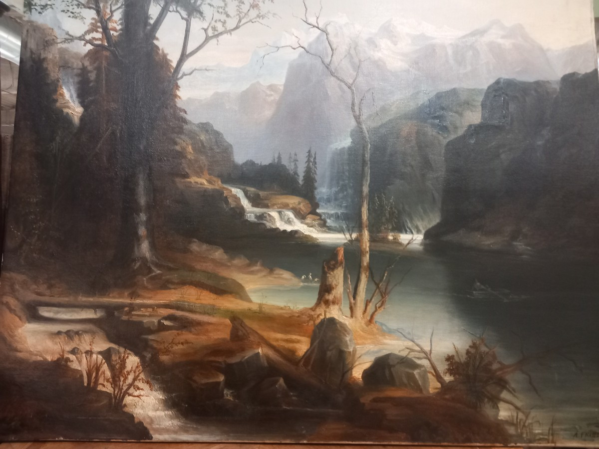 Peinture - Paysage Avec Personnages Et Ruisseau, XIXe Siècle