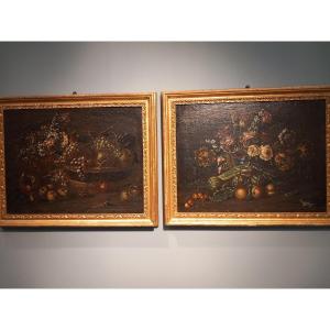 Two Oil Paintings On Canvas - " Basket Of Fruit And Flowers ", 18th Century, Lombardy