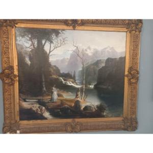 Peinture - Paysage Avec Personnages Et Ruisseau, XIXe Siècle