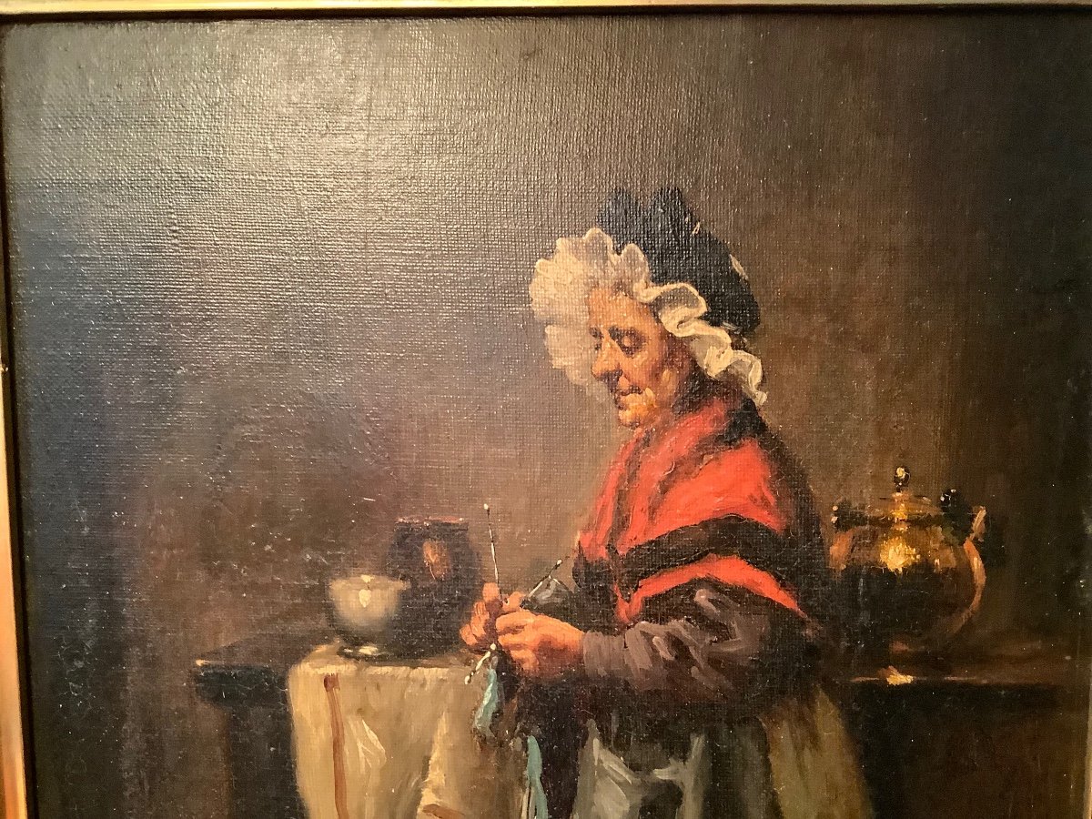 Oil On Canvas Woman With Cat Epxix Century-photo-2