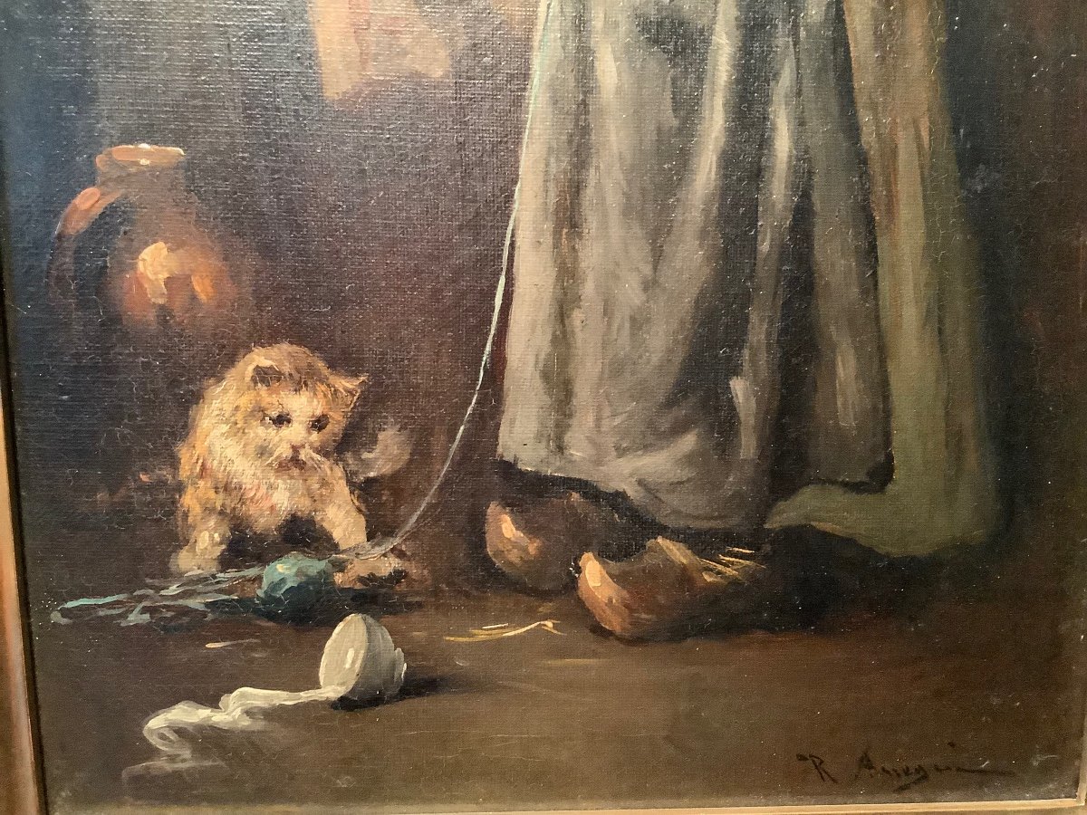 Oil On Canvas Woman With Cat Epxix Century-photo-3