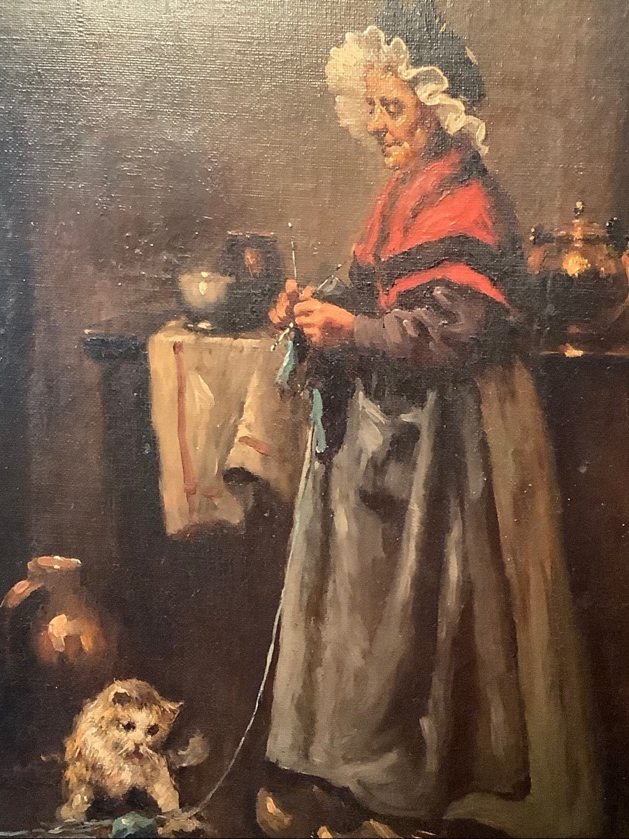 Oil On Canvas Woman With Cat Epxix Century-photo-1