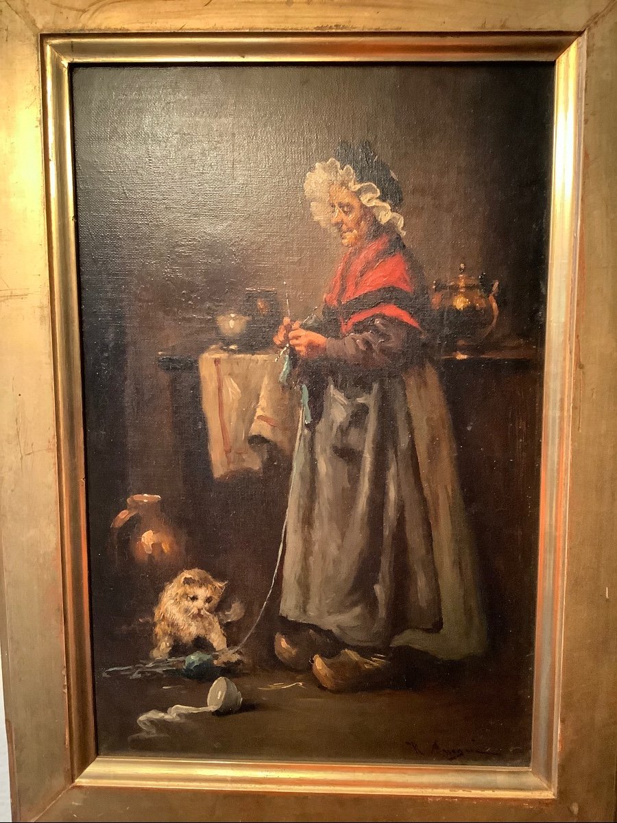 Oil On Canvas Woman With Cat Epxix Century-photo-4