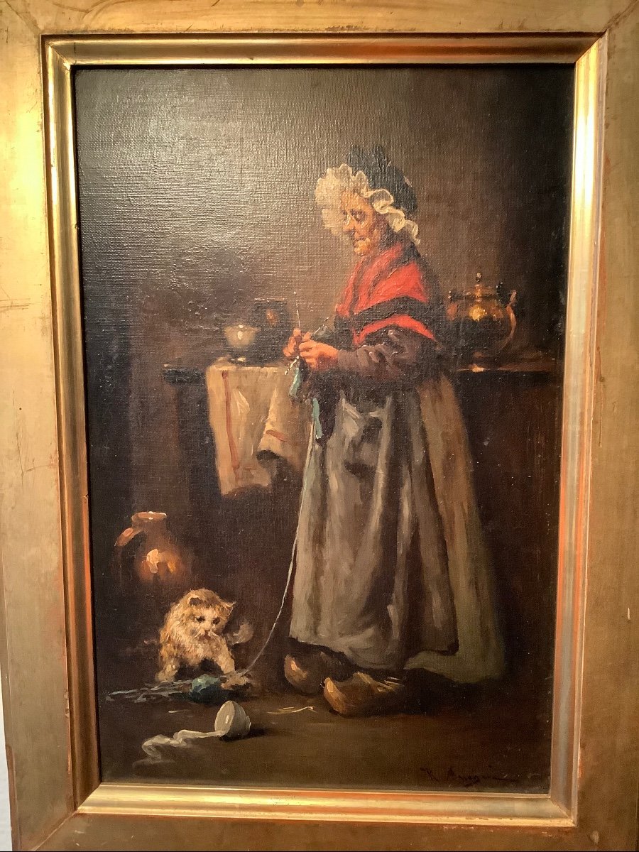 Oil On Canvas Woman With Cat Epxix Century