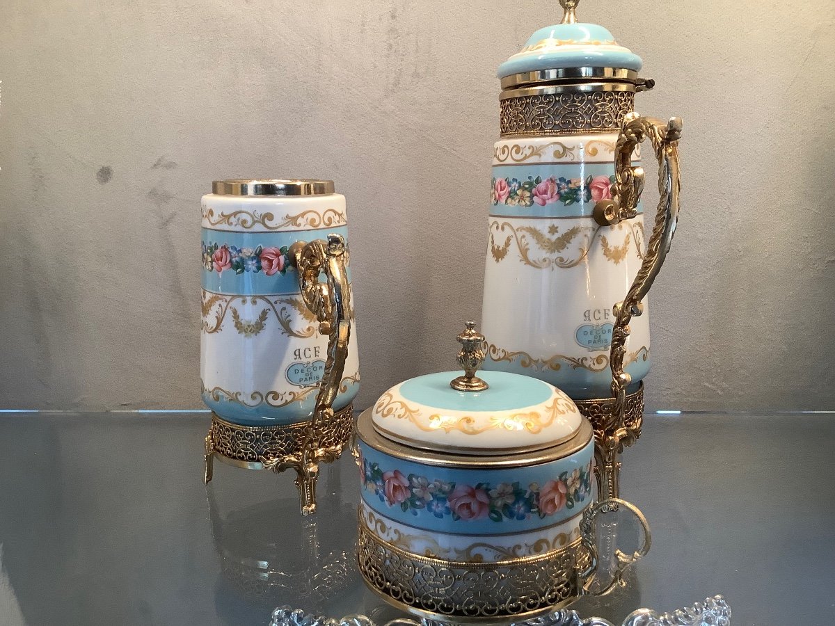 Coffee Service Painted With Enamel And Gold France 20th Century Signed A C F Decor De Paris-photo-2