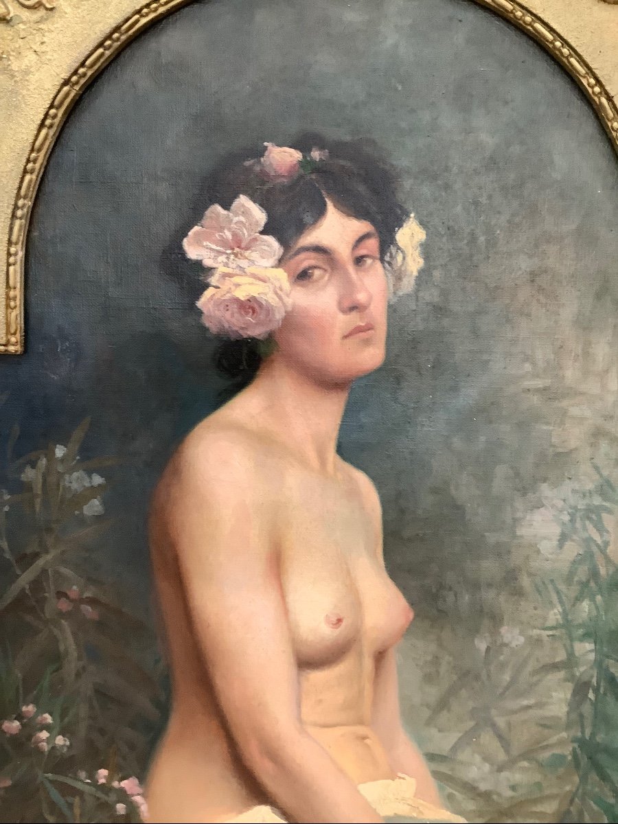 Oil On Canvas Young Semi - Naked Woman With Flowers France Late 19 Th Century-photo-2