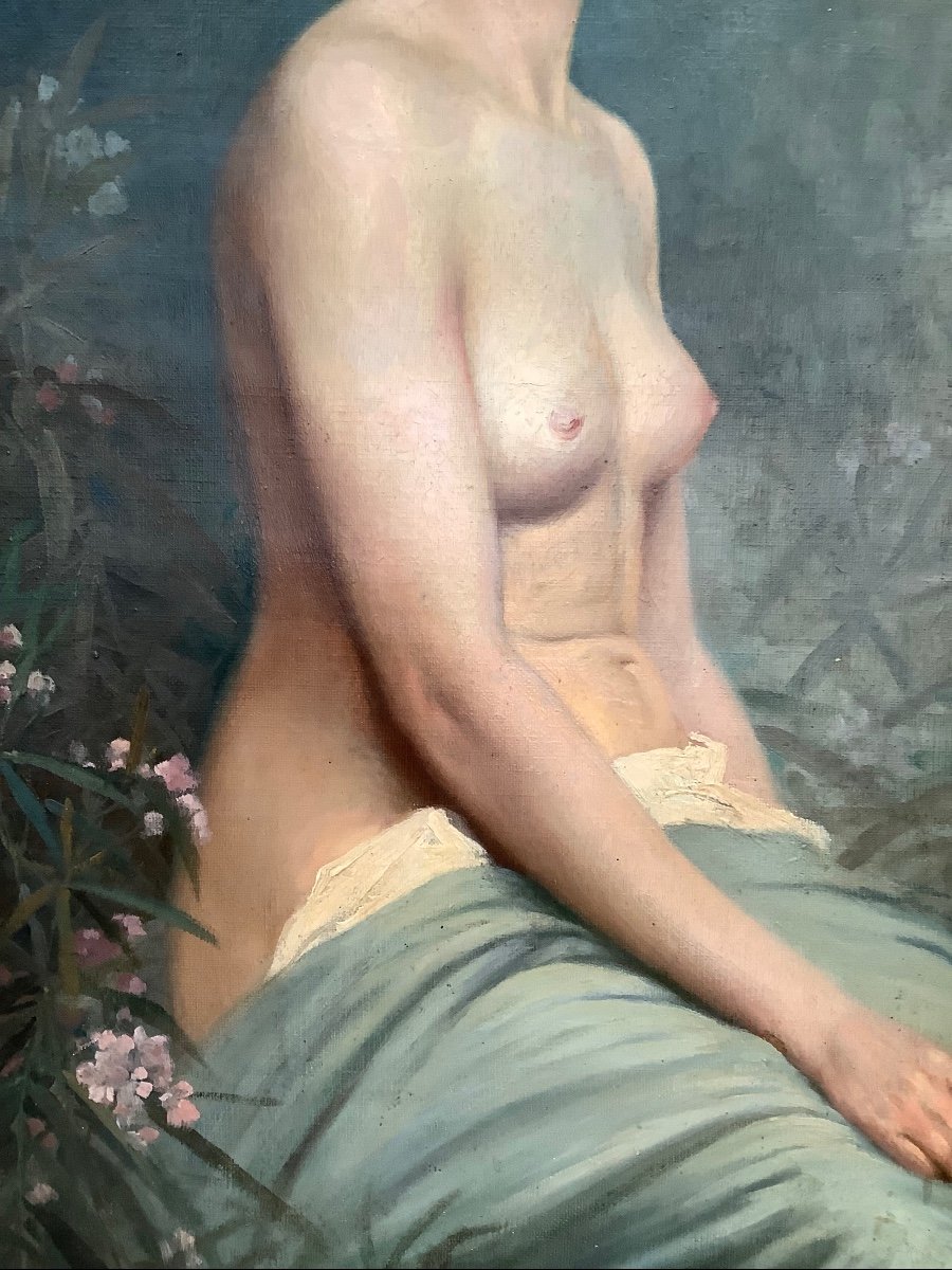 Oil On Canvas Young Semi - Naked Woman With Flowers France Late 19 Th Century-photo-3