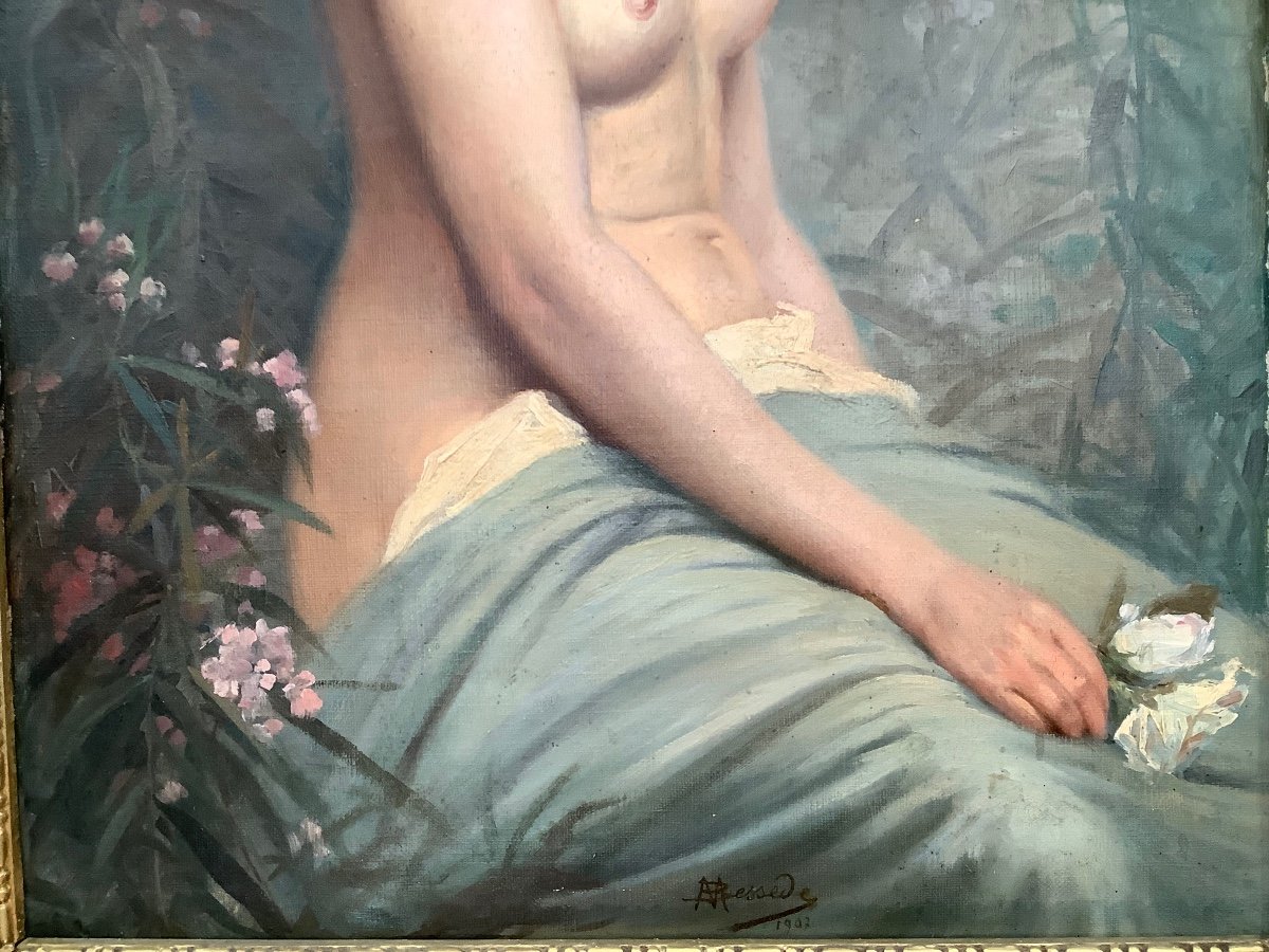 Oil On Canvas Young Semi - Naked Woman With Flowers France Late 19 Th Century-photo-4