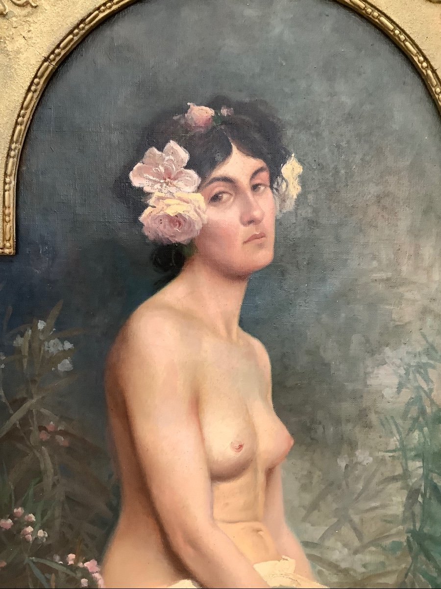 Oil On Canvas Young Semi - Naked Woman With Flowers France Late 19 Th Century-photo-1