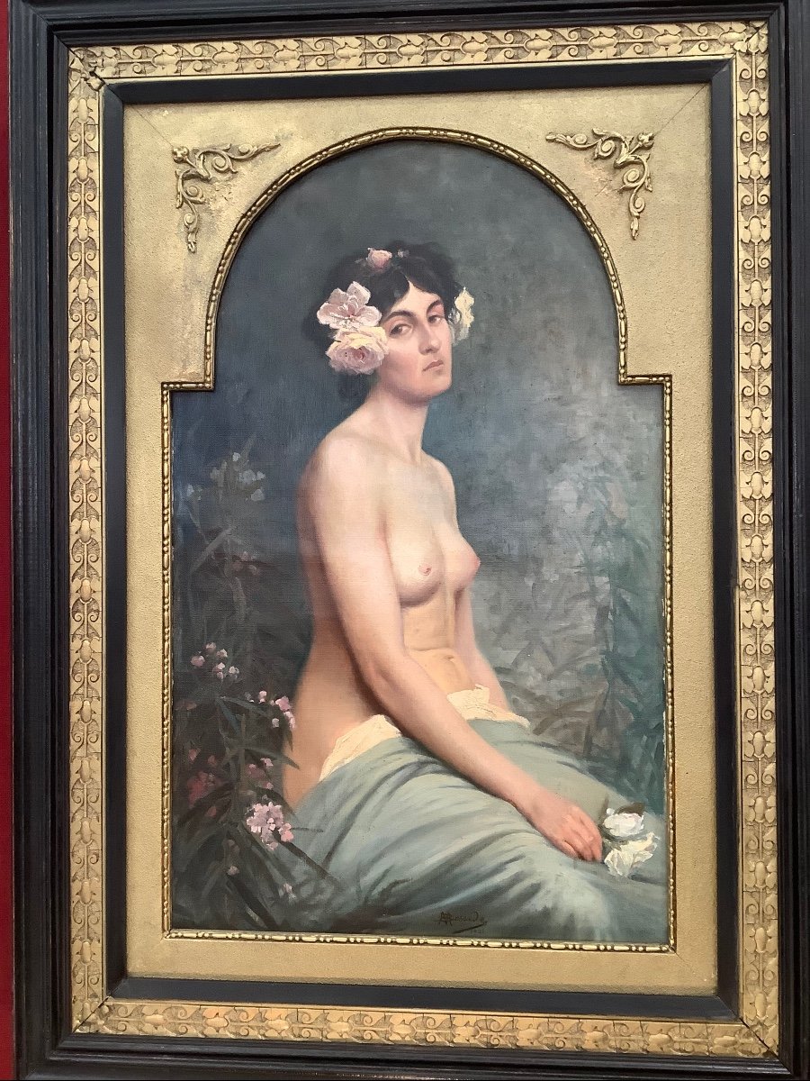 Oil On Canvas Young Semi - Naked Woman With Flowers France Late 19 Th Century-photo-2