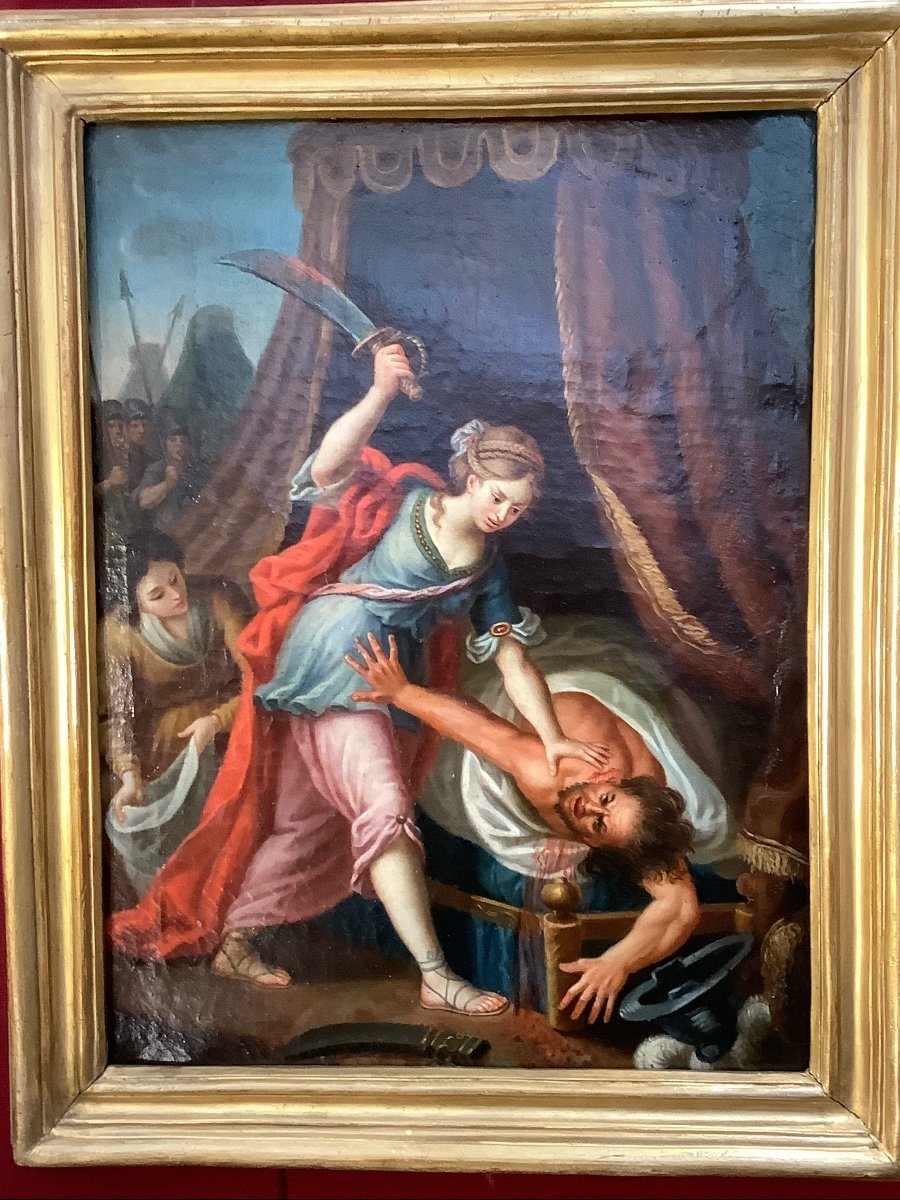 Oil On Canvas Judith And Holofernes With Contemporary Golden Frame Ep 700 Already Restored-photo-1