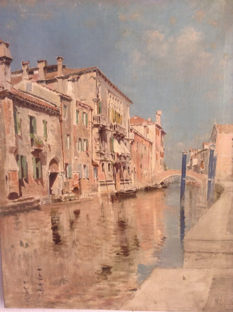 Oil On Canvas Venetian Canal: Artist Vincenzo Caprile (napoli 1856 - 1936)-photo-2