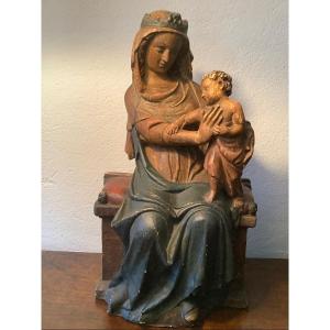 Plaster Sculpture Seated Madonna With Child Ep XIX Century
