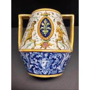 Majolica Vase Painted With Griffin Scrolls And Coats Of Arms By Artist Angelo Minghetti Bologna