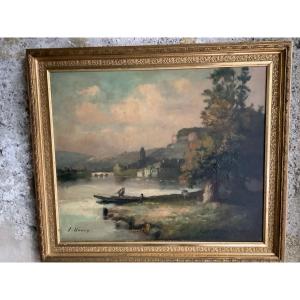 Huile Sur Toile Paysage Avec Bateau Et Personages France Ep 800 Signe’e