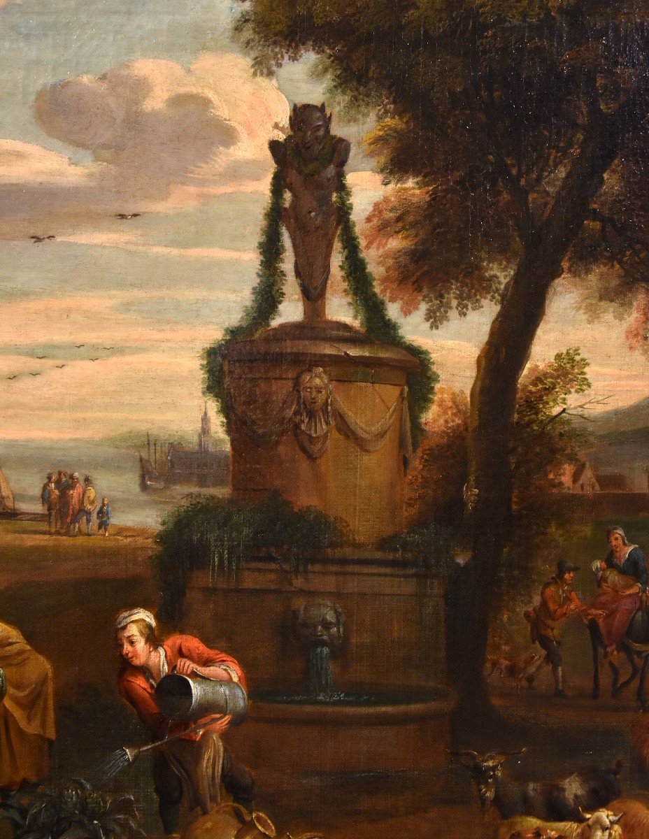 Alexander Van Bredael (anvers 1663 - 1720) Signé, Paysage Côtier Avec Scène De Marché-photo-2