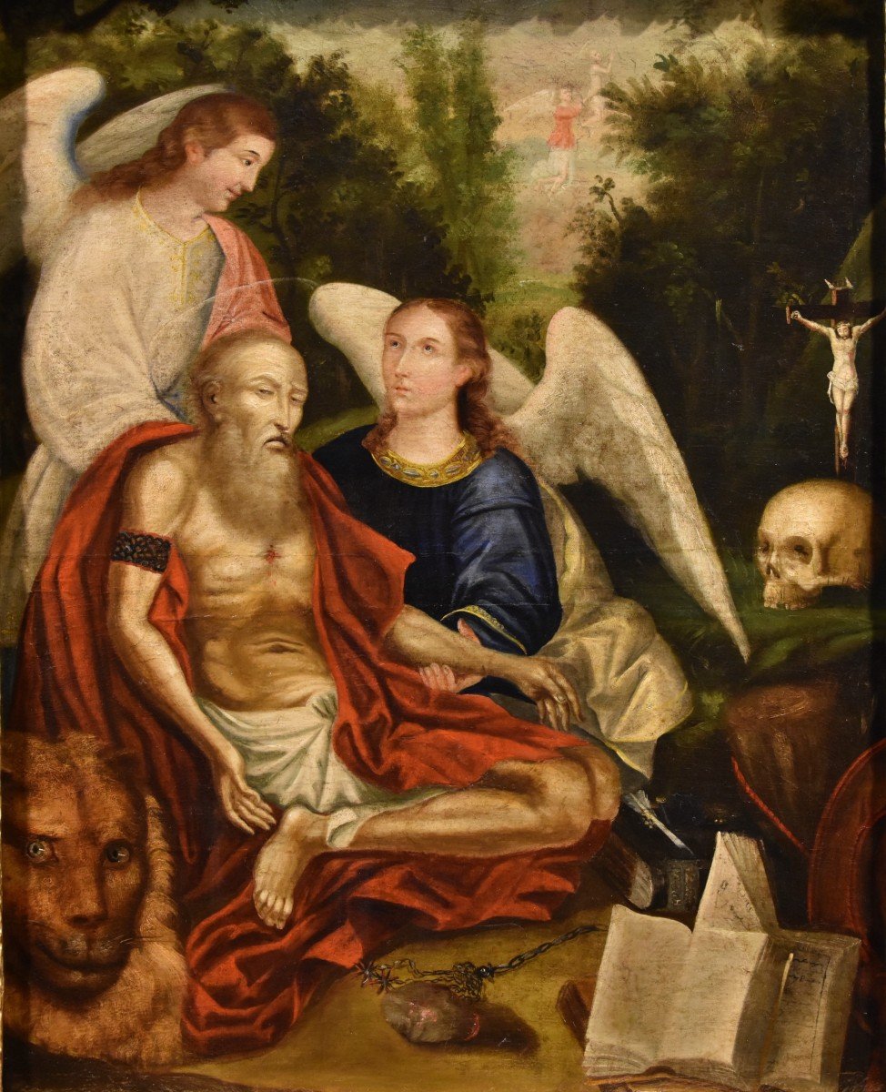 Saint Jérôme Soutenu Par Deux Anges, Peintre Vénitien Début Du XVIIe Siècle-photo-2