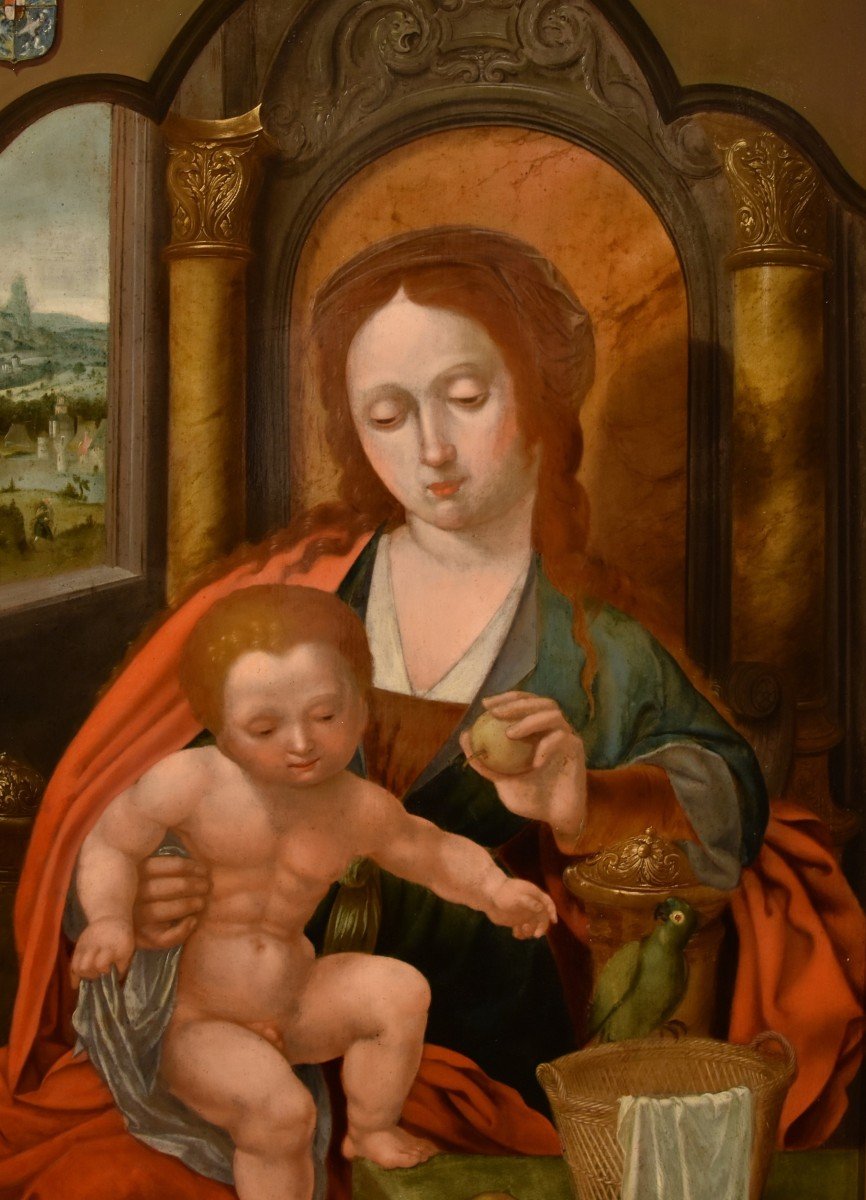 Virgin And Child Enthroned, Master Of The Parrot (antwerp, Early 16th Century), Follower-photo-3