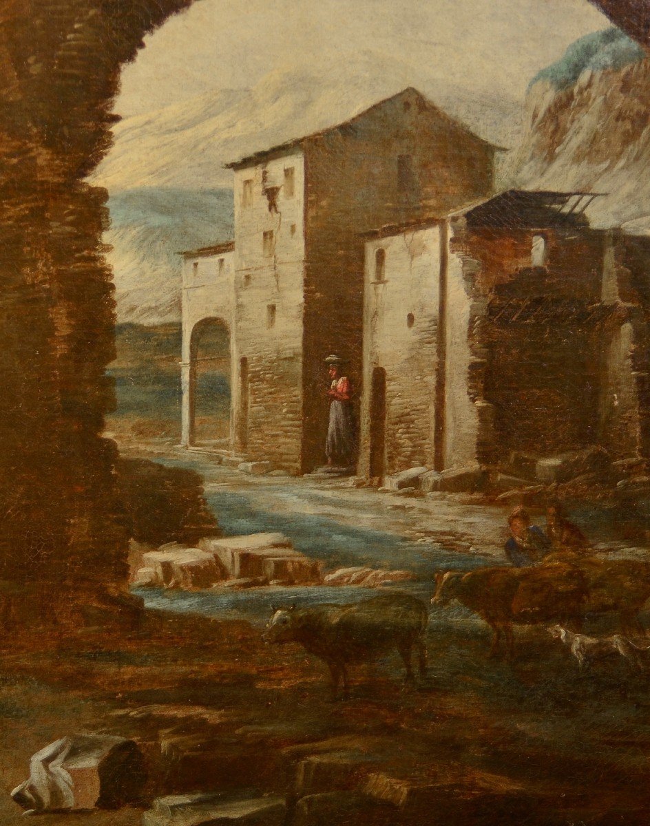 Antonio Travi Dit 'sestri' (gênes 1608 - 1665), Paysage Avec Ruines Et Scène Biblique-photo-4