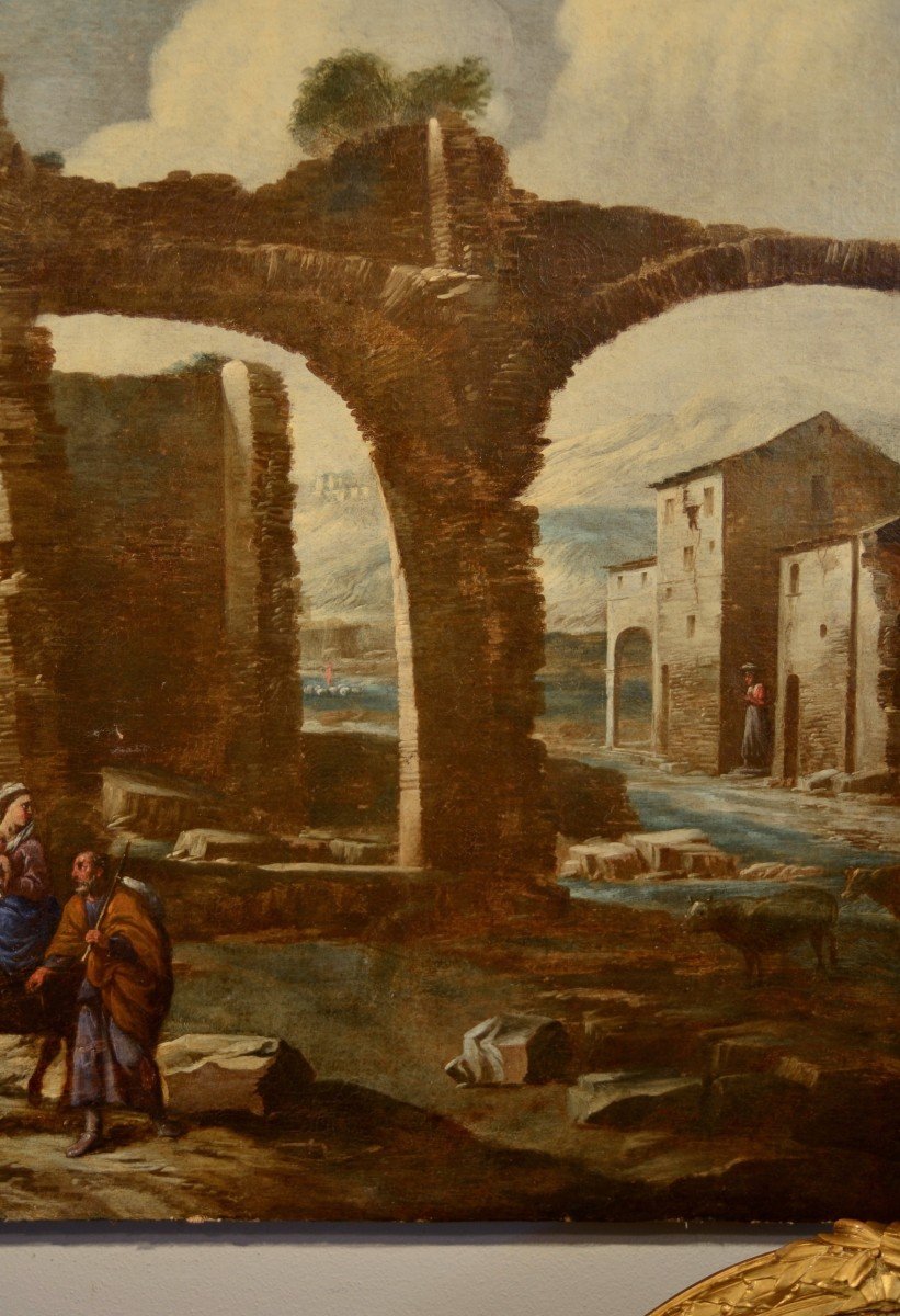 Antonio Travi Dit 'sestri' (gênes 1608 - 1665), Paysage Avec Ruines Et Scène Biblique-photo-1