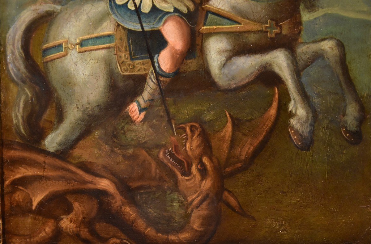 Saint Georges Et Le Dragon, Peintre Romain 17e Siècle-photo-4