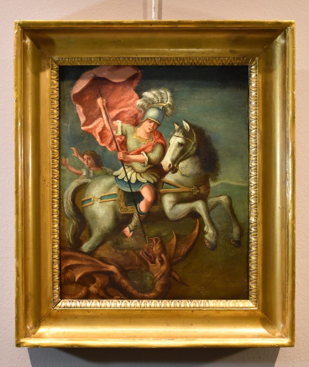 Saint Georges Et Le Dragon, Peintre Romain 17e Siècle-photo-1