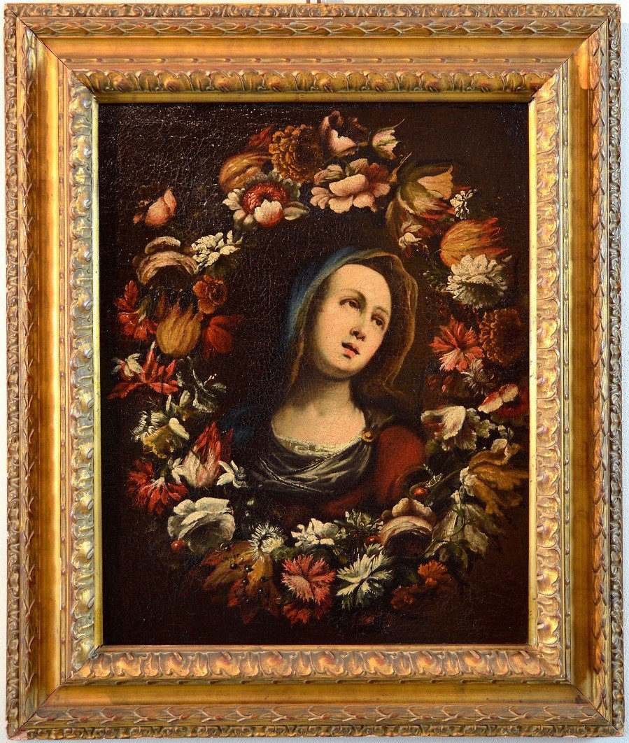 Giovanni Stanchi (rome 1608 - 1675) Workshop, Garland Of Flowers With The Virgin-photo-2