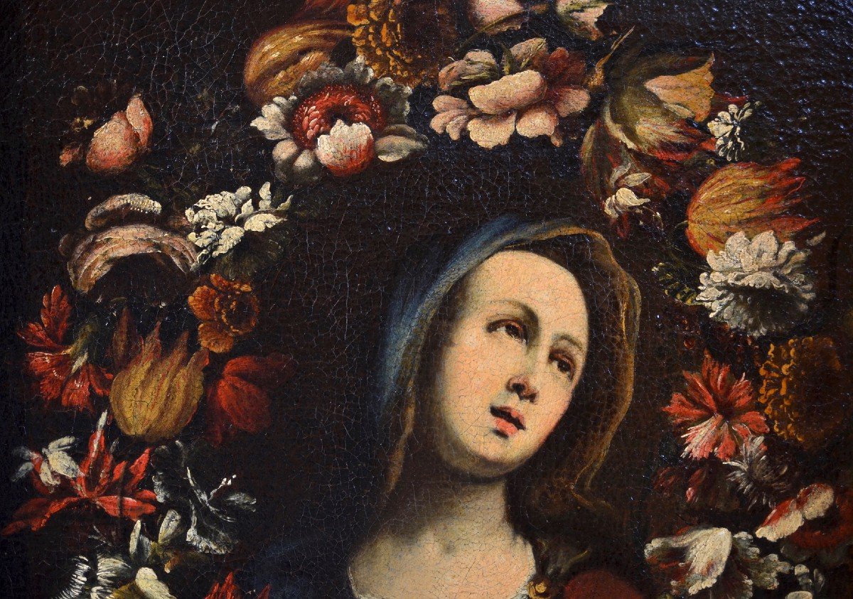 Giovanni Stanchi (rome 1608 - 1675) Workshop, Garland Of Flowers With The Virgin-photo-3