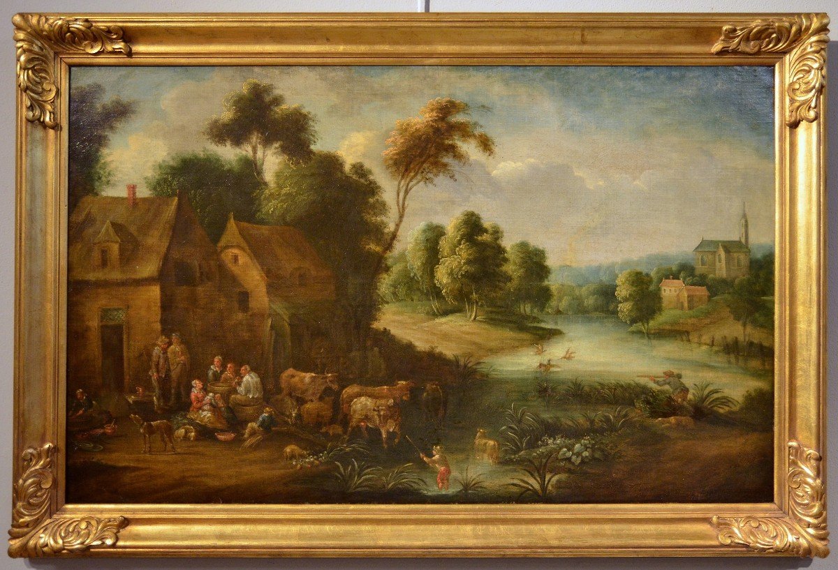 Paysage Fluvial Avec Scène De Village, Adrien Frans Boudewijns (bruxelles1644-1711)-photo-2