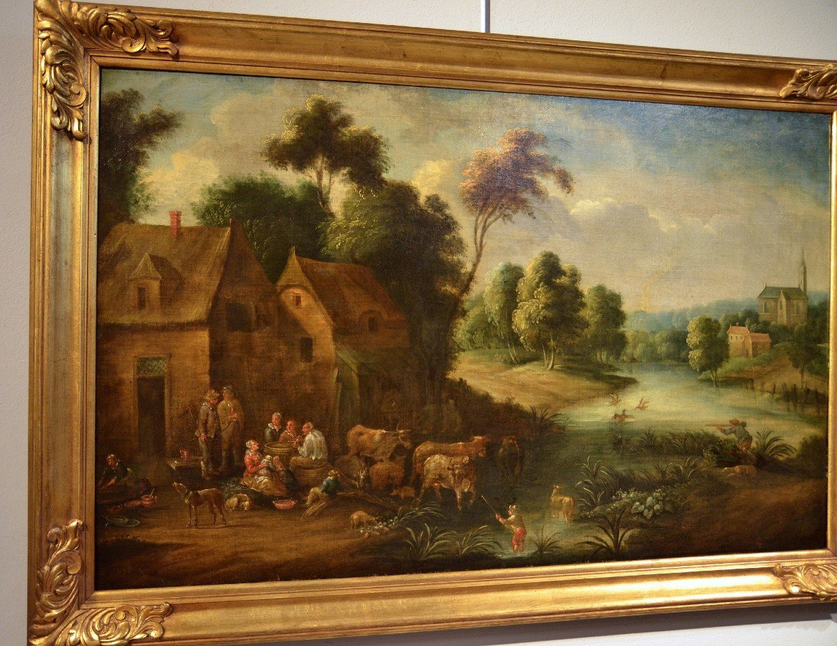 Paysage Fluvial Avec Scène De Village, Adrien Frans Boudewijns (bruxelles1644-1711)-photo-3
