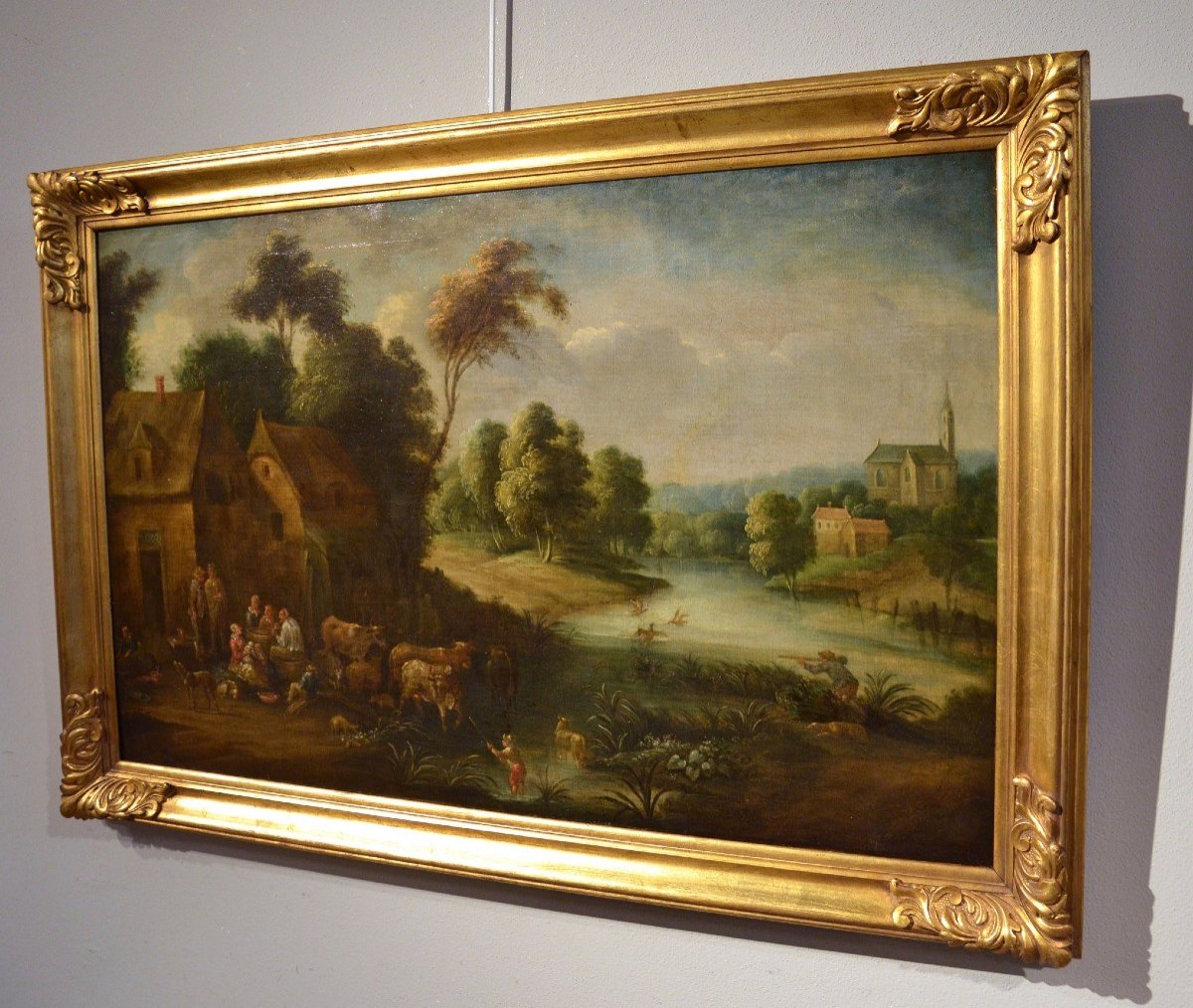 Paysage Fluvial Avec Scène De Village, Adrien Frans Boudewijns (bruxelles1644-1711)-photo-1