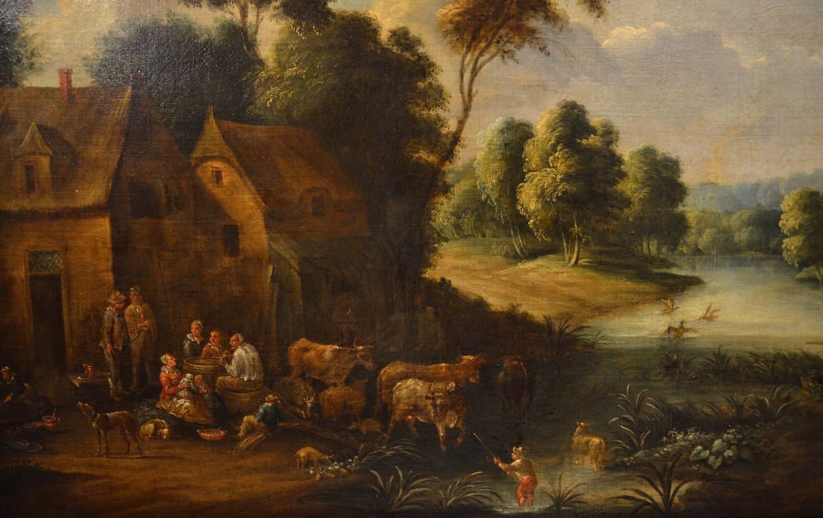 Paysage Fluvial Avec Scène De Village, Adrien Frans Boudewijns (bruxelles1644-1711)-photo-4
