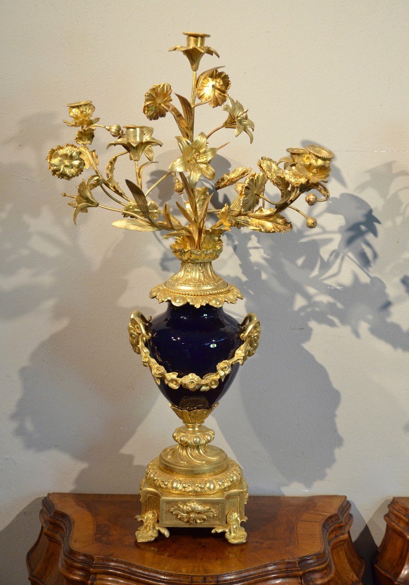 Pair Of Louis XVI Candelabra In Gilt Bronze And Blue Sèvres Porcelain, France 19th Century-photo-2