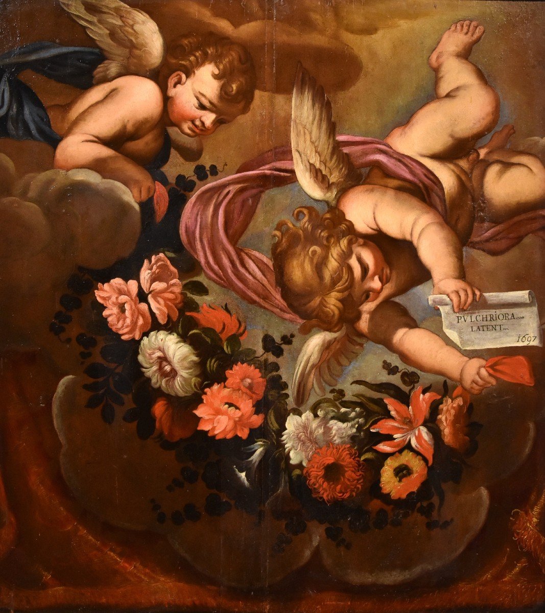 Paire d'Anges à Guirlande Florale, Carlo Maratta (camerano, 1625 - Rome, 1713) Atelier De