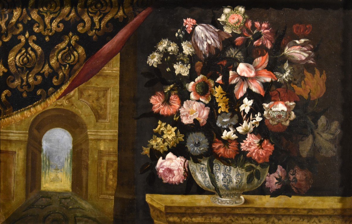 Vase Of Flowers With Architectural Foreshortening And Gardens, Antonio Gianlisi II (1677-1727)-photo-2