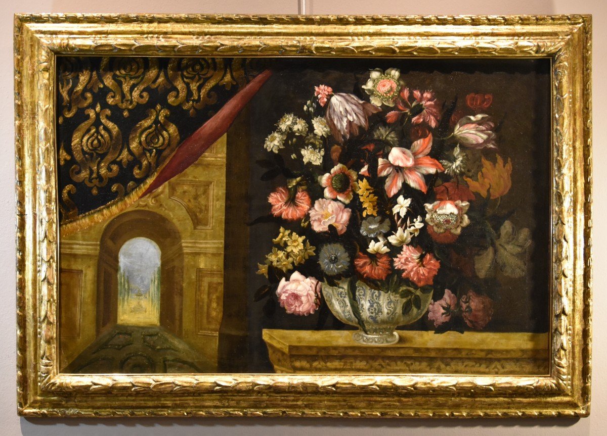 Vase Of Flowers With Architectural Foreshortening And Gardens, Antonio Gianlisi II (1677-1727)