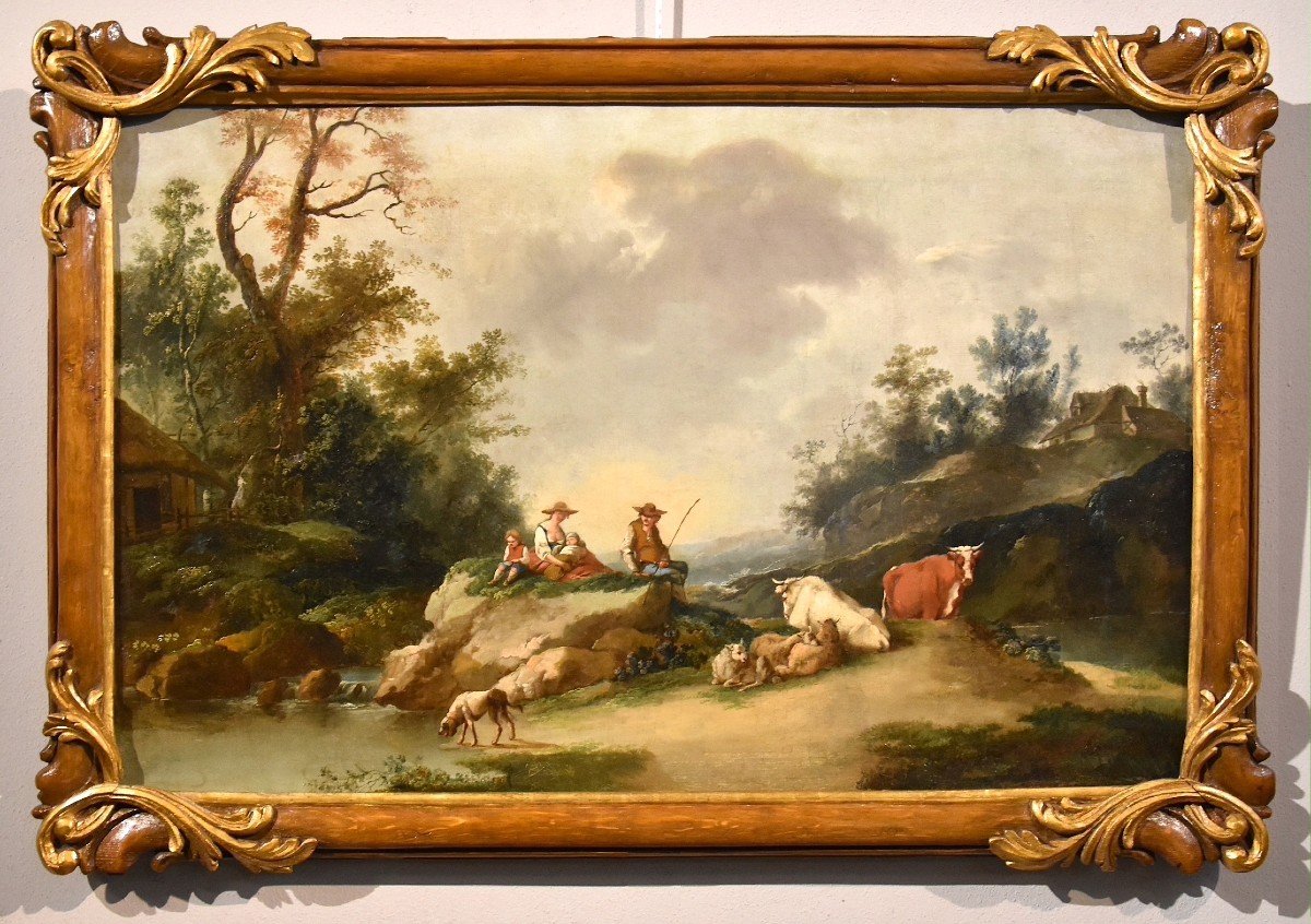 Paysage Avec Rivière Et Bergers Au Repos, Francesco Zuccarelli (1702 - 1788) Cercle De-photo-2