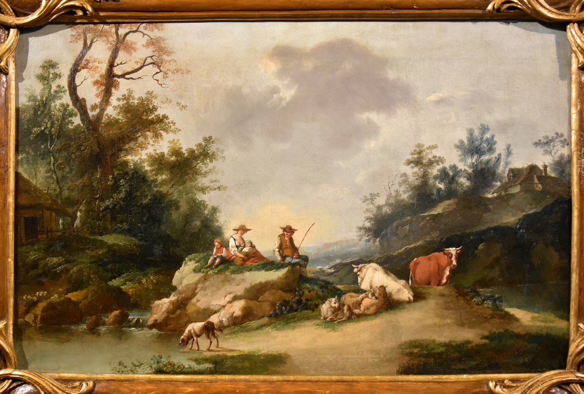 Paysage Avec Rivière Et Bergers Au Repos, Francesco Zuccarelli (1702 - 1788) Cercle De-photo-3