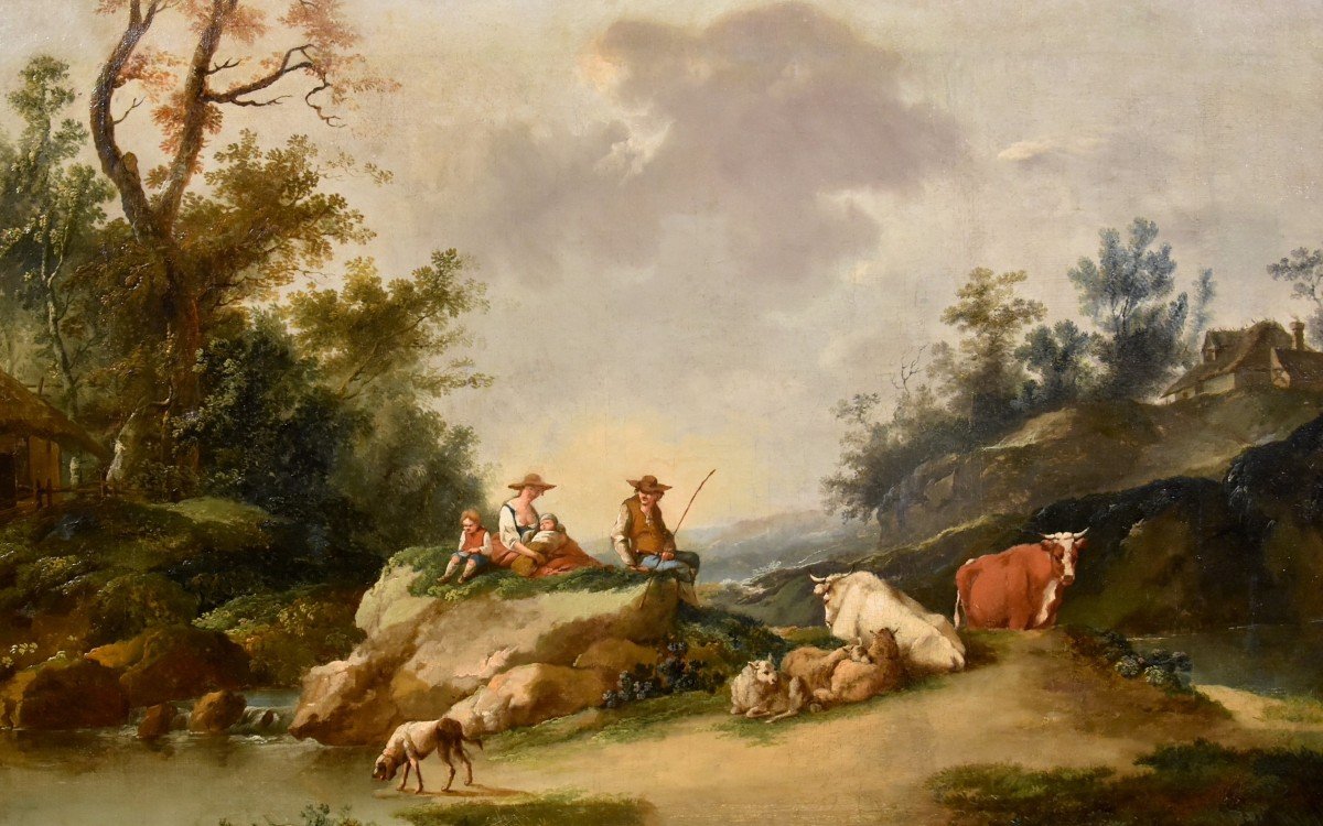 Paysage Avec Rivière Et Bergers Au Repos, Francesco Zuccarelli (1702 - 1788) Cercle De