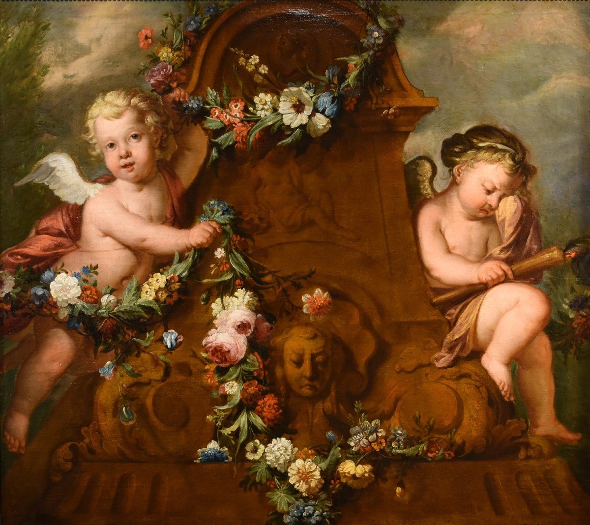 Jacob De Wit (amsterdam, 1695 - 1754), Couple De Cupidons Avec Guirlande De Fleurs